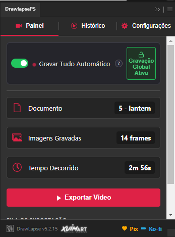 Print do DrawLapsePS enviado pelo criador, com gravação e exportação de vídeo