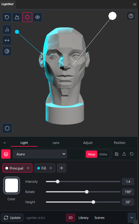 Print do LightRef com cabeça de Asaro iluminada