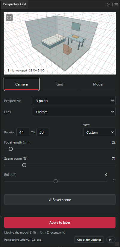 Print do Perspective Grid enviado pelo criador, com câmera e grade de três pontos